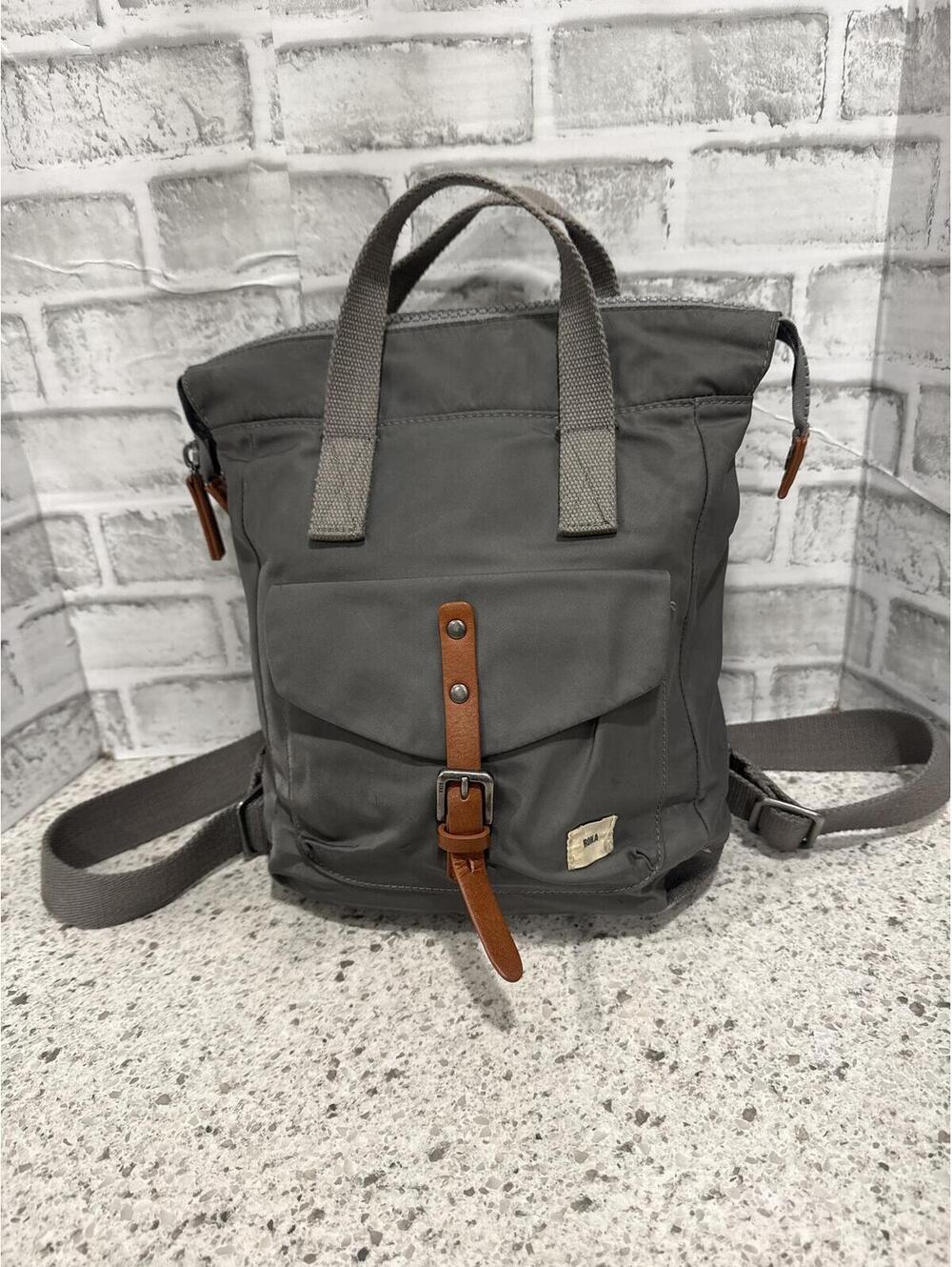 Roka Gray Canvas Backpack with Brown Leather Strap